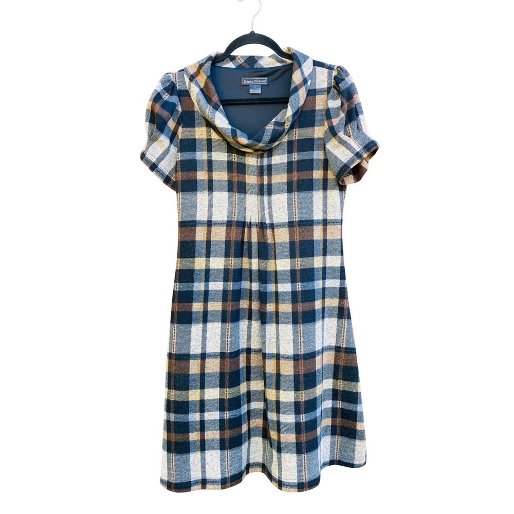 Jessica Howard Women Plaid Dress Medium Multicolor Cowl Neck Puff Sleeve
